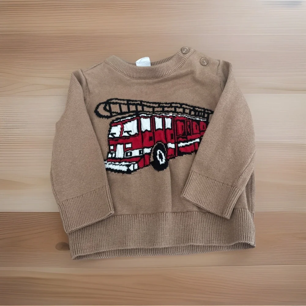 Baby‎ GAP VTG Fire Truck Knit Sweater Fire Engine Tan Toddler 6-12 M